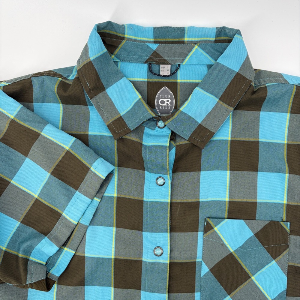 Club Ride Mens L Detour Cycling Jersey Blue Brown Plaid Short Sleeve Shirt